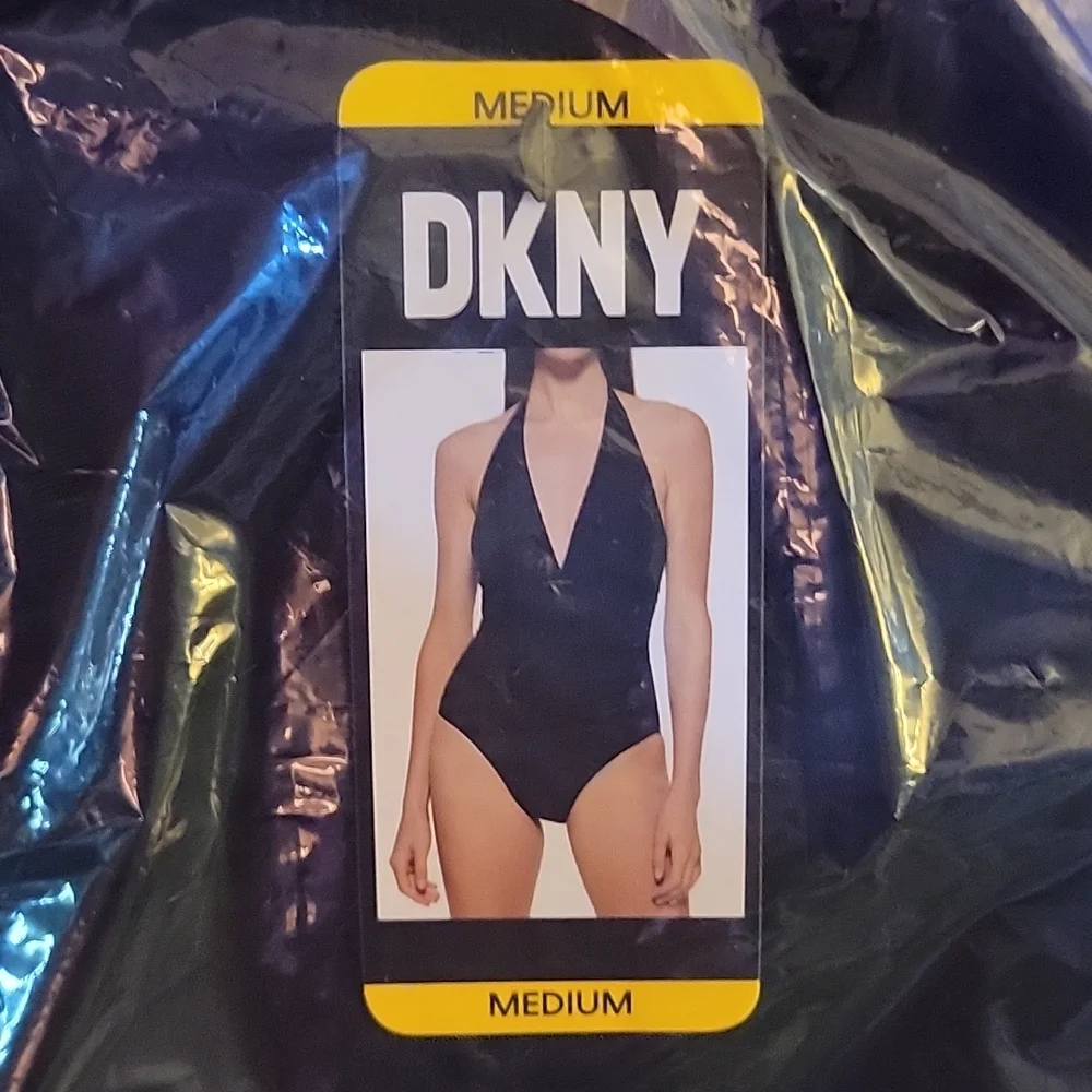DKNY one piece Black halter shirred waist swimsuit moderate coverage Medium NEW… - Picture 8 of 8